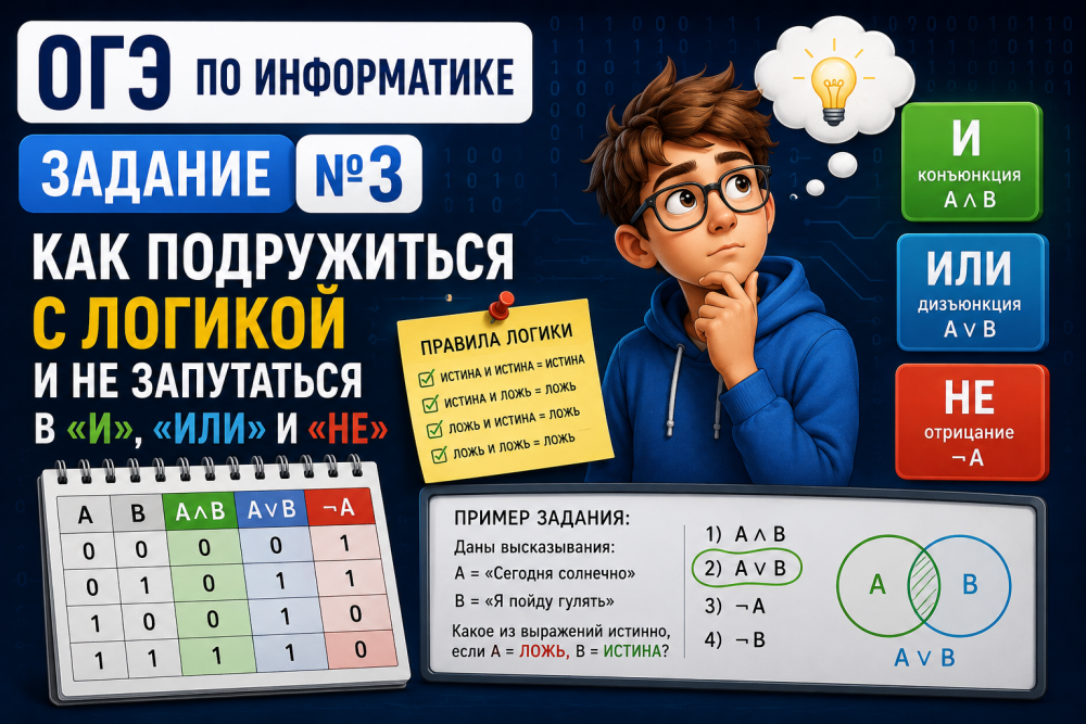 Привет, девятиклассник! 👋

Если второе задание ОГЭ по информатике было про шифры и коды, то задание №3 — это чистая математическая логика. Выглядит страшно: какие-то скобки, значки ∧∧, ∨∨, ¬¬, условия «больше» или «меньше». Но на самом деле это просто игра в «правда или ложь», которую можно выиграть одной левой.