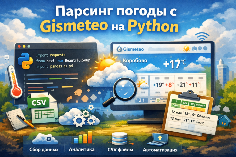 В этой статье разберём, как автоматически получать данные о погоде с сайта Gismeteo с помощью Python. Мы будем использовать библиотеки requests, BeautifulSoup и pandas для загрузки страницы, извлечения информации и сохранения данных в CSV-файлы.
