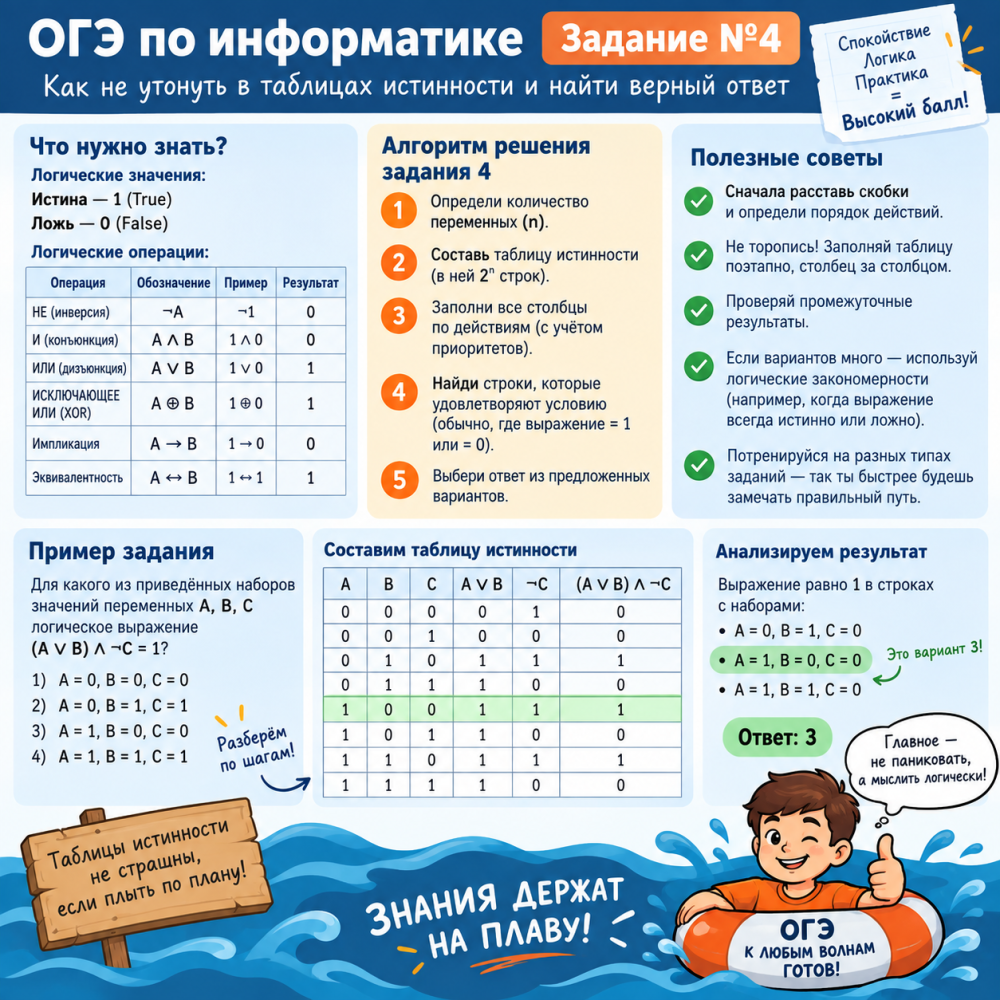Если третье задание было про логику и символы ∧, ∨, ¬, то задание №4 — это следующий шаг. Здесь тебе дают таблицу истинности или фрагмент таблицы и просят понять, какое выражение ей соответствует (или наоборот — какая строка пропущена).