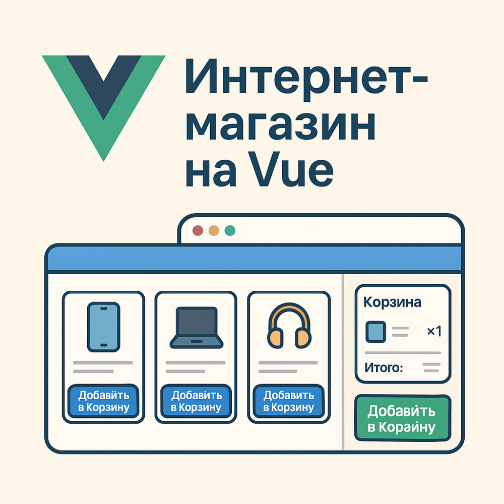 Простого интернет-магазина на Vue с каталогом товаров и корзиной. Этот пример не использует Vuex или внешние библиотеки — только Vue 3, Composition API и базовую структуру компонентов.